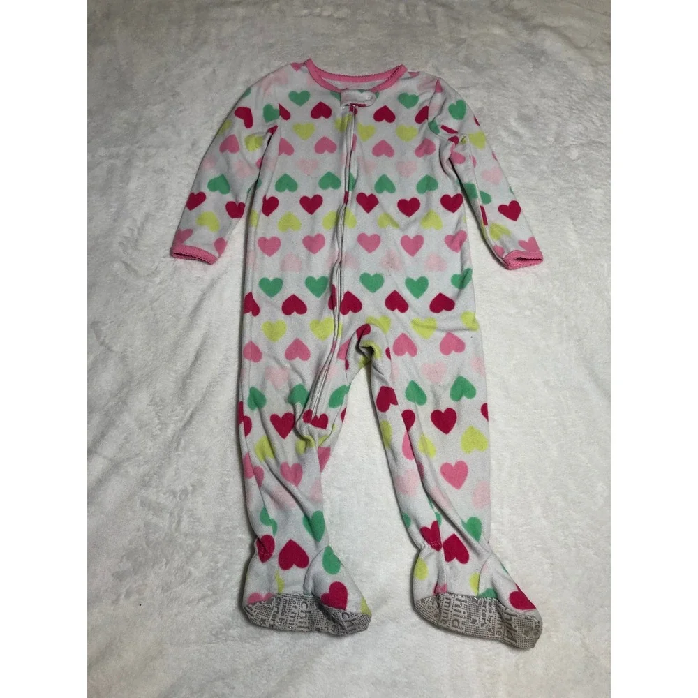 5/$25 Carter's Footed Sleeper Toddler 2T White Heart Print Fleece Zip Up Pajamas